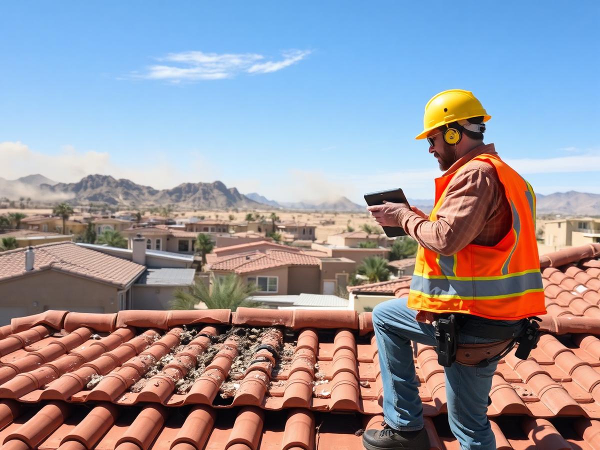 Roof inspector documenting storm damage in Albuquerque